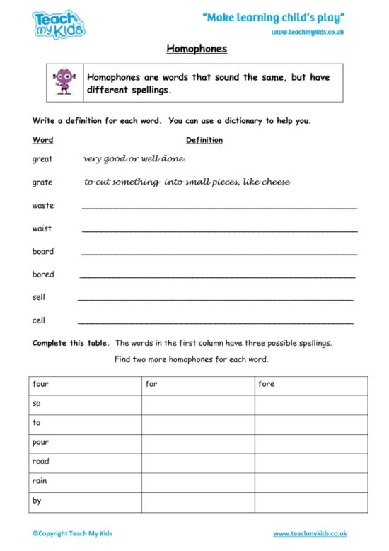 Worksheets for kids - homophones